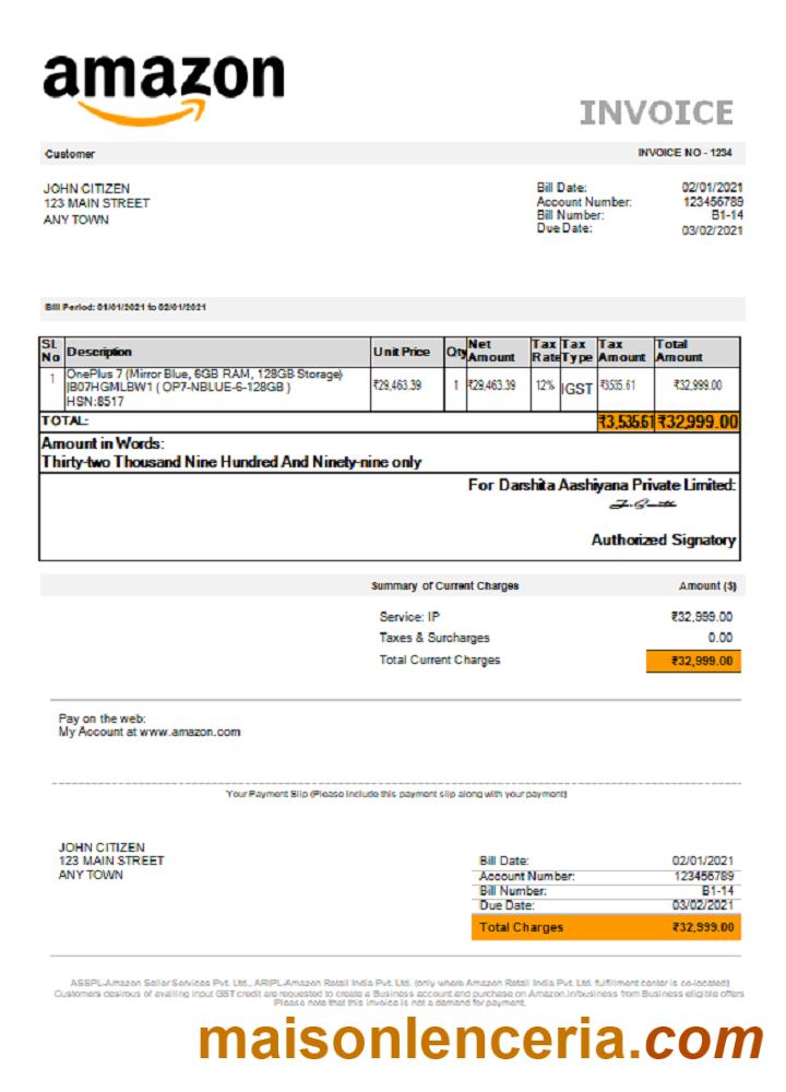 USA Amazon faktura słowo i PDF szablon